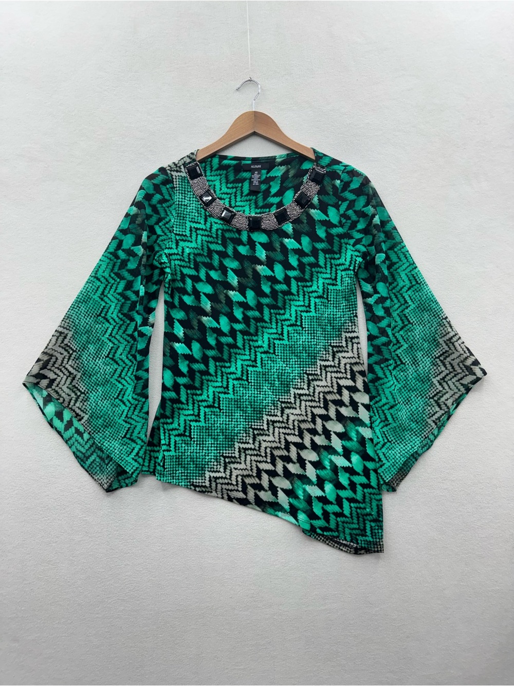 Alfani Women's XS Geometric Print Blouse Black Green 3/4 Sleeve